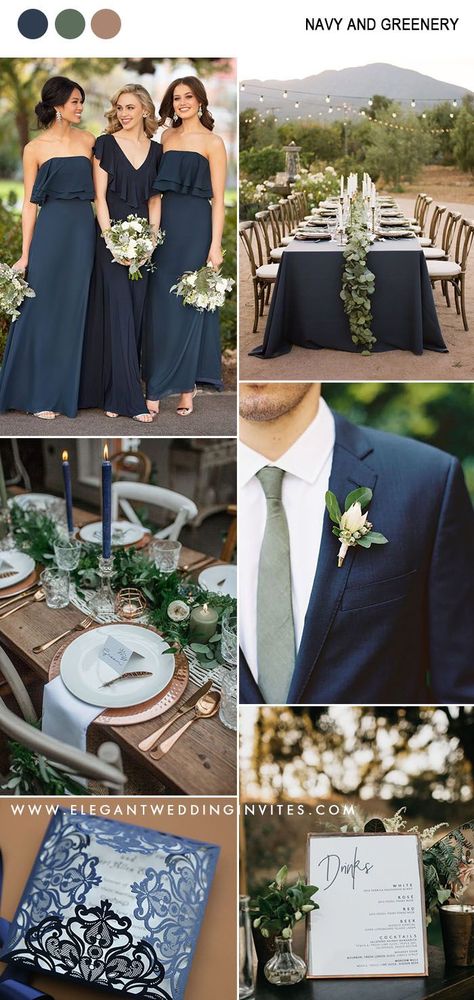 Navy Blue Green Wedding Theme, Midnight Blue And Forest Green Wedding, January Wedding Colors 2023, Eucalyptus Navy Wedding, Navy Gold And Greenery Wedding, Navy Blue Sage Green Copper Wedding, Navy Blue Green Ivory Wedding, Dark Blue Wedding Color Schemes, Sage Green And Navy Blue Wedding Theme