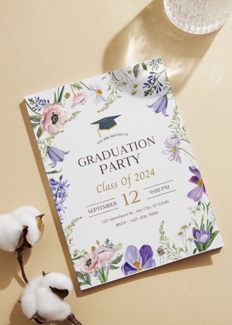 Aesthetic Grad Invites, Graduation Save The Date Ideas, Class Of 2024 Graduation Party, Floral Grad Party Decorations, Graduation Party Invitation Ideas, Graduation Cap Illustration, Graduation Invitation Ideas, College Grad Invitations, Pubmat Ideas