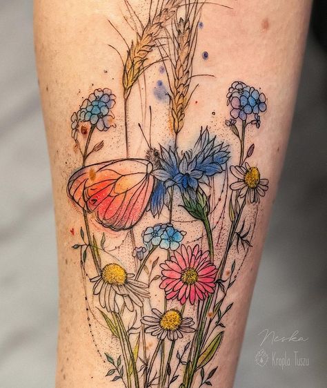 Agnieszka Brzozowska | Hello summer! 💐☀️ Wildflowers & butterflies... The long sunny days begin to smell like acacia, water in the sea and freedom. Soft as a… | Instagram Soft Color Tattoo, Watercolor Wildflower Tattoo, Field Of Flowers Tattoo, Wildflower Ankle Tattoo, Wildflower Leg Tattoo, Wild Flower Tattoos, Wildflower Tattoos, Long Tattoo, Wildflowers Tattoo