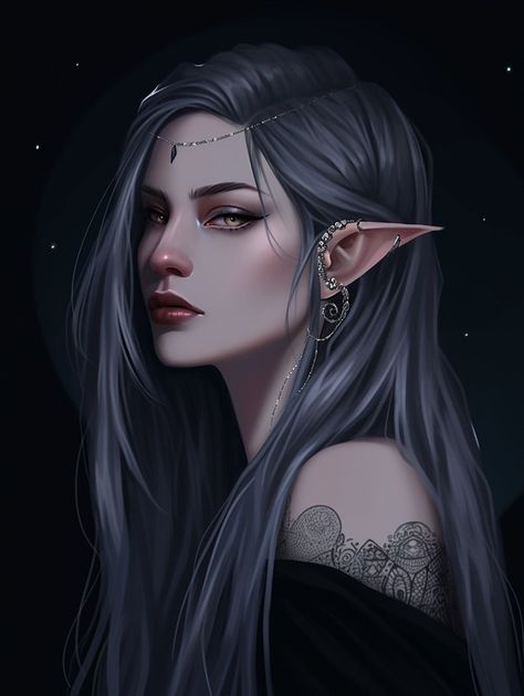 Morally Grey Female Characters, Half Black Half Silver Hair, Elf And Human Couple, Drow Sorcerer Female, Silver Haired Elf, Moon Elf Female Dnd, Dnd Drow Female, Elf Female Art, Moon Elf