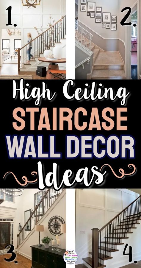 Large Wall Decor Stairwell, Decorating Tall Walls High Ceilings Entryway, Decorating 2 Story Walls, Tall Wall Decor High Ceilings Entryway, High Ceiling Decorating Entryway, Gallery Wall For Tall Ceilings, High Ceiling Entryway Accent Wall, Entryway Ideas With High Ceilings, Tall Stair Wall Decor