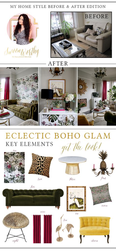 Get the look: Eclectic Boho Glam Boho Glam Office Decor, Boho Glam Kitchen Decor, Boho Glam Dining Room, Eclectic Glam Decor, Eclectic Glam Living Room, Boho Glam Living Room, Boho Glam Decor, Boho Glam Bedroom, Eclectic Design Style