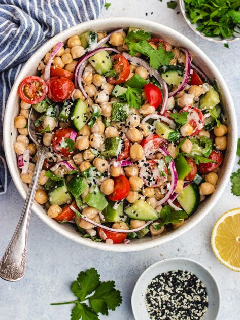 Chickpea Tahini, Healthy Chickpea Salad, Moroccan Chickpea Salad, Salad Chickpeas, Chickpeas Salad, Tahini Salad, Salad With Tahini Dressing, Bell Pepper Salad, Salad Tomato