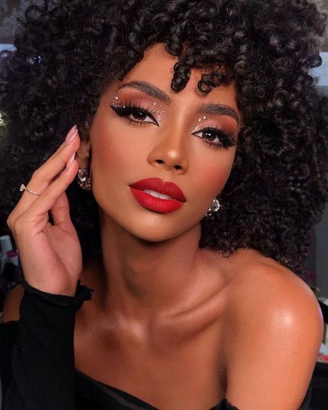 Makeup Looks For A Red Dress, Prom Eye Makeup For Red Dress, Red Lip Makeup Look Brown Eyes, Red Lip Makeup Look Black Women Make Up, Makeup Looks With Red Lips, Makeup Looks With Red Lipstick, Red Lipstick Makeup Black Women, Red Makeup Looks Black Women, Makeup To Go With Red Dress