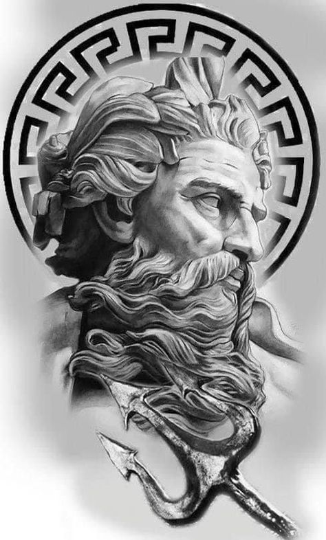 Tato Maori, Tato Salib, Greek God Tattoo, Tato Dada, Poseidon Tattoo, Zeus Tattoo, Spartan Tattoo, Statue Tattoo, Greek Mythology Tattoos