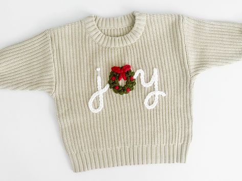 Christmas Embroidered Sweater, Embroidered Christmas Sweater, Baby Christmas Sweater, Pull Orange, Name Sweater, Orange Sherbert, Pull Bebe, Large Christmas Tree, Yarn Sweater