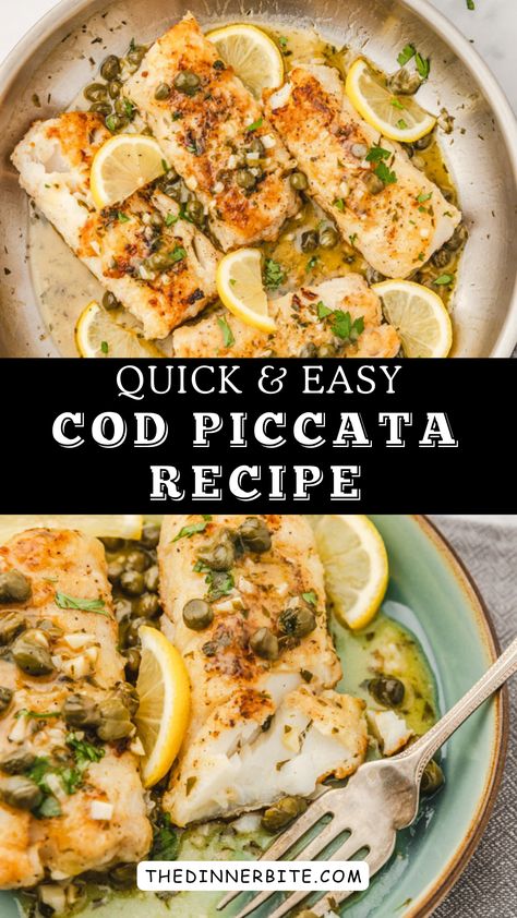 Craving Italian flavors without breaking the bank? Try our Easy Cod Piccata Recipe - The Dinner Bite! This healthy and delicious 🍽️ quick-fix recipe will satisfy your taste buds and keep your waistline happy 😋. Get ready for a scrumptious meal! 🇮🇹 Recipe For Cod Fillets, Haddock Piccata Recipes, Atlantic Cod Recipes, Cod Filet Recipes, Light Entrees, Cod Piccata Recipe, Cod Piccata, Seafood Extravaganza, Cod Fillet Recipes