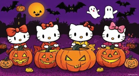 Hello Kitty and friends carving pumpkins, with Halloween decorations like ghosts and bats hanging around them. Hello Kitty Halloween Wallpaper, Halloween Desktop Wallpaper, Carving Pumpkins, Halloween Wallpapers, Hello Kitty And Friends, Hello Kitty Backgrounds, Hello Kitty Halloween, Halloween Banner, Kitty Wallpaper