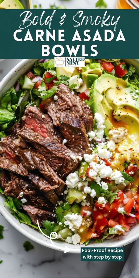 Try these Carne Asada Bowls, featuring grilled steak marinated in lime and Mexican spices. A healthy, easy dinner perfect for family BBQs. Healthy Man Meals, Healthy Carne Asada Recipes, Carne Asada Salad Recipes, Steak Bowl Meal Prep, High Protein Steak Bowl, Healthy Steak Dinner Ideas, Healthy Summer Dinner Recipes Beef, Steak Bowls Healthy, Healthy Steak Meals