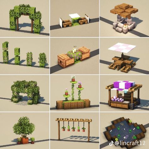 Cute Farm Design Minecraft, Geode Minecraft Builds, Minecraft Winery Ideas, Minecraft Trails Ideas, Exterior Decor Minecraft, Cute Build Ideas Minecraft, Minecraft Camp Site Ideas, Minecraft Goblincore Ideas, Minecraft Building Ideas Exterior