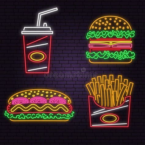 Retro neon burger, cola, hot dog and french fries sign on brick wall background. Design for cafe. Vector. Neon design stock illustration Neon Burger Sign, Fastfood Design, Neon Burger, Burger Neon, Street Food Design, Fast Food Logos, Restaurant Poster, Retro Neon, Brick Wall Background