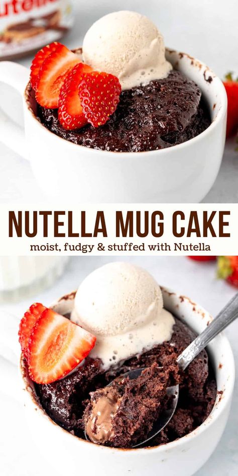 Mug Cake Recipe Nutella, Chocolate Mug Cake Nutella, Things To Make With Nutella Easy No Bake, How To Make A Nutella Mug Cake, Nutella Easy Dessert, Microwave Nutella Mug Cake, Nutella Desserts Easy Quick, What To Make With Nutella, Easy Nutella Dessert Recipes