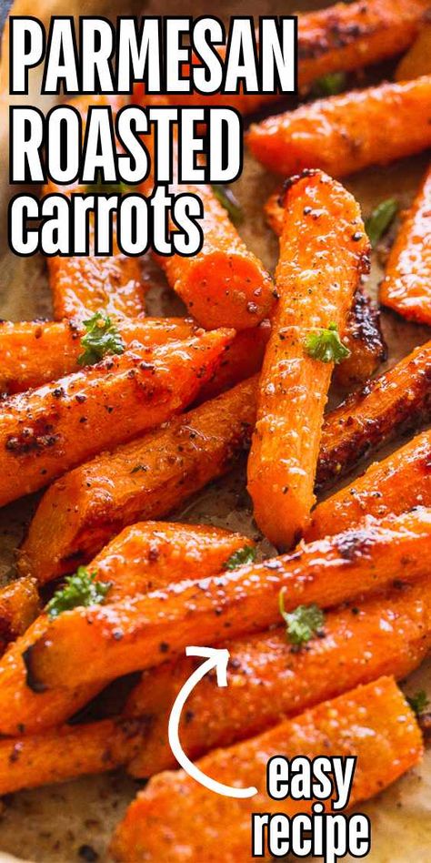 Parmesan Roasted Carrots are a super easy, family-favorite side dish! Tossed in a garlicky, buttery Parmesan coating, these roasted carrots are packed with flavor. With just a few ingredients, you’ll have these deliciously cheesy carrots ready to serve in no time! Parmesan Roasted Carrots Recipe, Roasted Carrots Recipe Ovens, Roasted Garlic Carrots Oven, Parmesan Garlic Carrots, How To Make Roasted Carrots, Thanksgiving Side Dishes Carrots, Parmesan Crusted Carrots Roasted, Carrots With Parmesan Cheese, Garlic Carrots Roasted