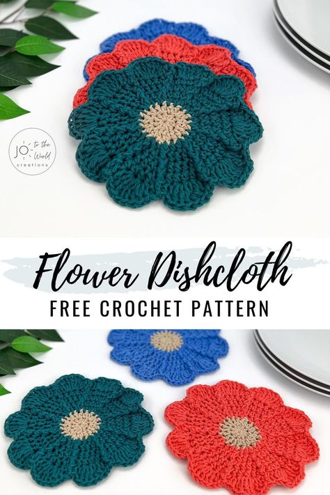 Crochet Circle Dishcloth Pattern, Gingham Dishcloth Crochet Pattern, Crochet Flower Trivet, Flower Dishcloth Crochet Pattern, Crochet Kitchen Set Free Pattern, Crochet Potholders Easy, Potholders Crochet Free, Free Cotton Crochet Patterns, Crochet Trinket Dish Free Pattern