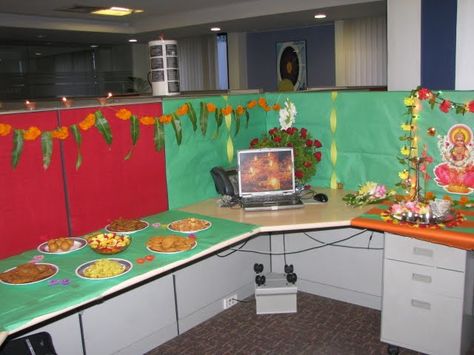 Kitchen Idea Office Desk Decor For Diwali Theme, Cubicle Birthday Decorations, Diwali Events, Desk Decoration Ideas, Cubicle Office, Cubicle Design, Romantic Table Decor, Office Desk Designs, Valentine Table Decorations