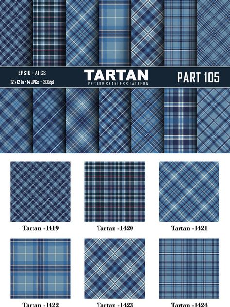 Fourteen Blue Set Tartan Seamless Pattern. Trendy Illustration for Wallpapers. Tartan Plaid Inspired Background. Suits for decorative paper, fashion design and house interior design, as well as for hand crafts and DIY. The vector illustration can be used both entirely, and in parts. The archive contains – - 1 AI CS (included pattern swatches) - 1 EPS 10 files (included pattern swatches) - 14 files high-resolution JPG ( 3600×3600px / 12”x12”... Paper Fashion Design, Pattern Swatches, Textile Pattern Design Fashion, Trendy Illustration, Colour Story, Paper Fashion, Fashion Design Patterns, Hand Crafts, Blue Tartan