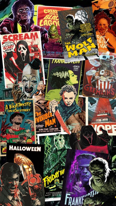 Horror Screen Savers, Halloween Slasher Wallpaper, Horror Movies Collage, Horror Movies Aesthetic Wallpaper, Slasher Background, Slasher Wallpaper Aesthetic, Classic Horror Movies Aesthetic, 80s Horror Aesthetic Wallpaper, Slasher Aesthetic Wallpaper