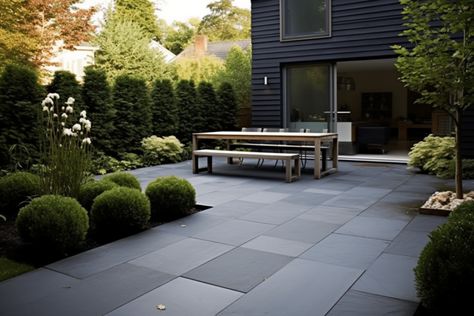 23 Bluestone Patio ideas: Landscape Design Photos Bluestone Patio With Brick Border, Bluestone Patio With Retaining Wall, Modern Bluestone Patio, Dark Pavers Patio, Pennsylvania Bluestone Patio, Slate Patio Ideas, Bluestone Patio Ideas, Modern Backyard Patio, Blue Stone Patio