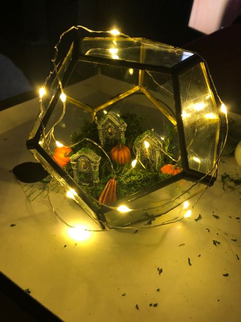 Fake Terrarium, Terrarium Light, Terrarium Ideas, Pyramid Shape, Fake Grass, Glass Dome, Glass Domes, Fairy Lights, Home Made