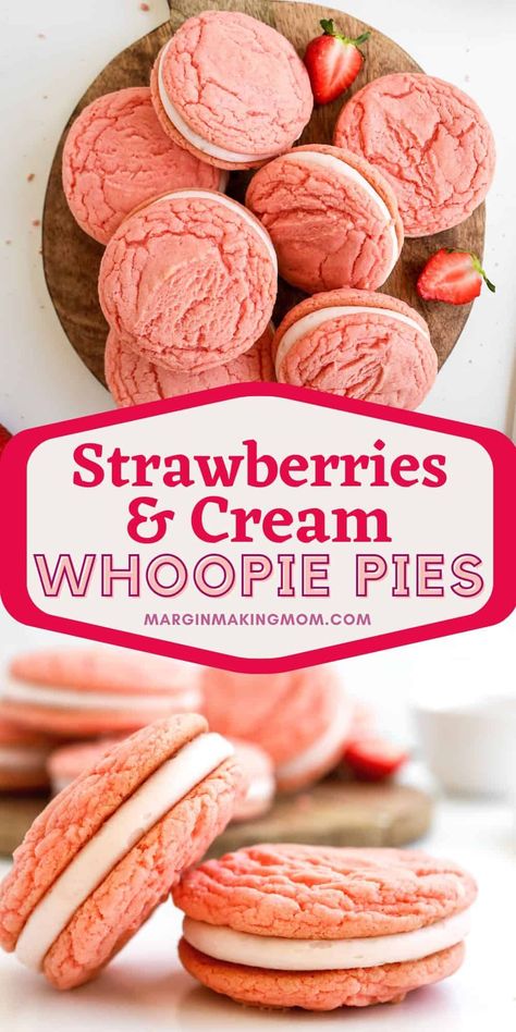 Cookies And Cream Whoopie Pies, Valentines Whoopie Pies, Strawberry Cookie Sandwich, Strawberry Cake Mix Cookie Bars, Strawberry Shortcake Whoopie Pies, Pink Whoopie Pies, Valentine Whoopie Pies, Cake Mix Cookie Sandwiches, Summer Whoopie Pies