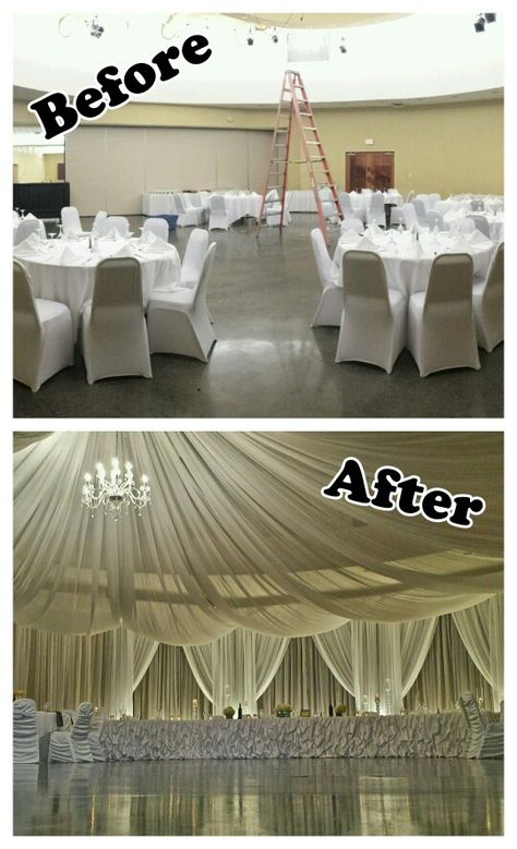 Quaaout Lodge, Chase B.C. Event Drapery Ideas, Wedding Venue Before And After, Event Space Decor, Wedding Reception Tables Layout, Asian Wedding Decor, Drapery Ideas, Wedding Draping, Event Venue Spaces, Wedding Hall Decorations