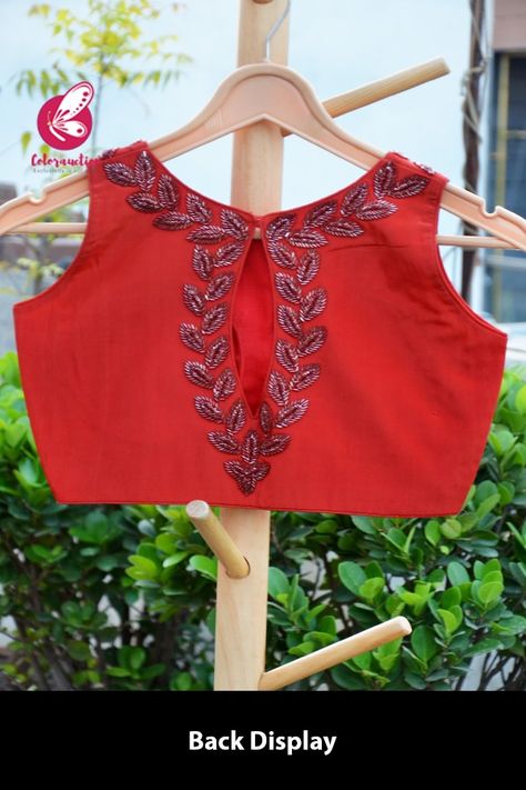 Red Crepe Beads Handwork Padded Keyhole Back Blouse - Blouses Exclusive Blouse Designs, Stylish Blouses, Blouses Designs, Indian Saree Blouse, Indian Saree Blouses Designs, Fancy Blouse, Elegant Blouse Designs, Saree Blouse Designs Latest, Saree Blouses