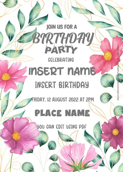 Flower Birthday Party Invitations, Garden Party Invitations Templates Free, Free Birthday Party Invitation Templates, Floral Invitation Template Free, Birthday Invitation Template Free Editable, Watercolor Cosmos, Anna Outfit, Baptismal Covenants, Flower Birthday Invitations