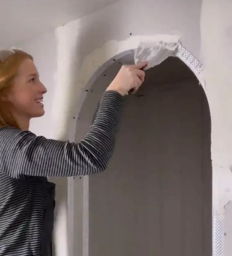 How To Make Arches, How To Add Arch To Doorway, Doorway To Archway, Round Arch Doorways, Diy Arch Door, Fireplace On Staircase Wall, Make Arch Doorway, Arched Doorways Interior Diy, Adding Arches To Doorway