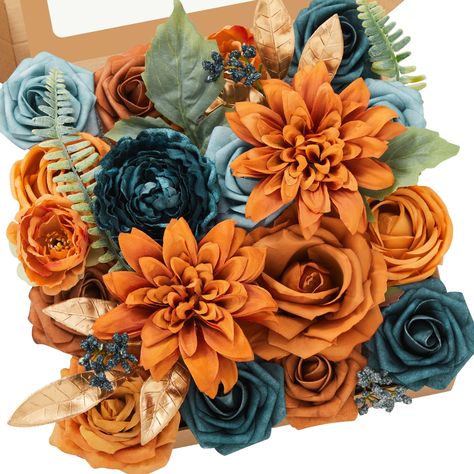 PRICES MAY VARY. 𝘼𝙧𝙩𝙞𝙛𝙞𝙘𝙞𝙖𝙡 𝙁𝙡𝙤𝙬𝙚𝙧𝙨 𝘿𝙚𝙨𝙞𝙜𝙣: This is a combo pack of different silk types of flowers and different colorful fake flowers as a theme for decorations. The orange flowers will bring the autumn wind to you to send romance. 𝘼𝙧𝙩𝙞𝙛𝙞𝙘𝙞𝙖𝙡 𝙁𝙡𝙤𝙬𝙚𝙧𝙨 𝘿𝙚𝙩𝙖𝙞𝙡𝙨: dahlias *2, princess roses *2, snow mountain rose *1, diamond rose *1, peony *1, mini flower packs *2, PE flowers *9, gold leaves *2, matching leaves *2, blue grass *3, white grass *2, leaves Turquoise And Orange Thanksgiving Table, Fall Wedding Themes Colors, Teal And Orange Fall Decor, Blue And Orange Wedding Flowers, Flowers For Fall Wedding, Table Centerpieces Birthday, Blue And Orange Fall Decor, Copper Wedding Flowers, Centerpieces Birthday Party