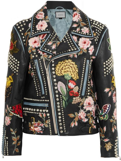 Gucci Rose and Flower Embellished Black Leather Biker Jacket Embroidered Leather Jacket, Georgina Chapman, Glamouröse Outfits, Gucci Jacket, Studded Leather Jacket, Gucci Floral, Jackets Black, British Women, Studded Jacket