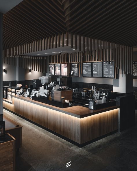 Cafe Wood Interior Design, Black Cafe Design, Industrial Cafe Counter, Restaurant Counter Design Ideas, Cafeteria Counter Design, Dark Coffee Shop Aesthetic, Coffee Shop Bar Counter, Coffee Shop Counter Design, Cafe Counter Design