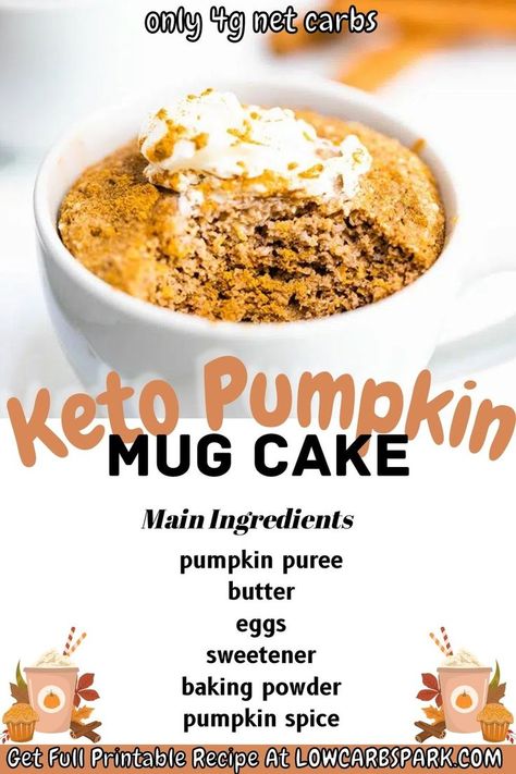 Mug Cake Low Carb, Pumpkin Mug Cake Recipe, Pumpkin Mug Cake, Gluten Free Mug Cake, Mug Cake Recipe, Pumpkin Recipes Healthy, Pumpkin Recipes Easy, Keto Mug Cake, Keto Pumpkin