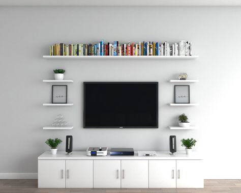 Shelves For Tv On Wall, Tv Unit With Floating Shelves, Livingroom Tv Wall Ideas, Shelves In Tv Room, Mounted Tv In Office, Wall Tv With Shelves, Floating Tv Unit With Shelves, Wall Mounts For Shelves, Decoration Around Wall Mounted Tv