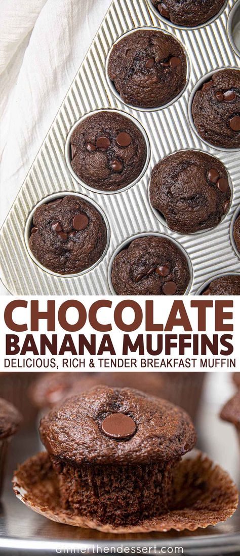 Oatmeal Chocolate Banana Muffins, Chocolate Banana Chocolate Chip Muffins, Healthy Chocolate Banana Muffins, Chocolate Banana Bread Muffins, Chocolate Banana Muffins Healthy, Chocolate Breakfast Muffins, Chocolate Chips Muffins, Banana Chocolate Muffins, Double Chocolate Banana Muffins