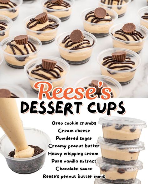 No-bake Chocolate Peanut Butter Dessert Cups recipe pipes a thick mousse-like mixture on top of a buttery Oreo base. Filled with the classic flavors of your favorite Reese’s candy, these treats are made in disposable cups so they are perfect for your summer party or holiday celebrations! #peanutbutter #partyfood #reeses #nobake #easydessert Chocolate Peanut Butter Dessert, Peanut Butter Dessert, Cookie Cups Recipe, Chocolate Peanut Butter Desserts, Dessert Cups Recipes, Mini Dessert Cups, Pinky Girl, Cheesecake Cups, Chocolate And Peanut Butter