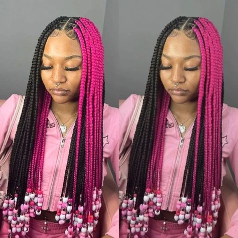 black and pink braids with beads Pink Braids With Beads, Black And Pink Braids, Pink Peekaboo Hair, Pink Box Braids, Knotless Braids With Beads, Pink Braids, Latest Braided Hairstyles, Black Box Braids, Black Kids Braids Hairstyles