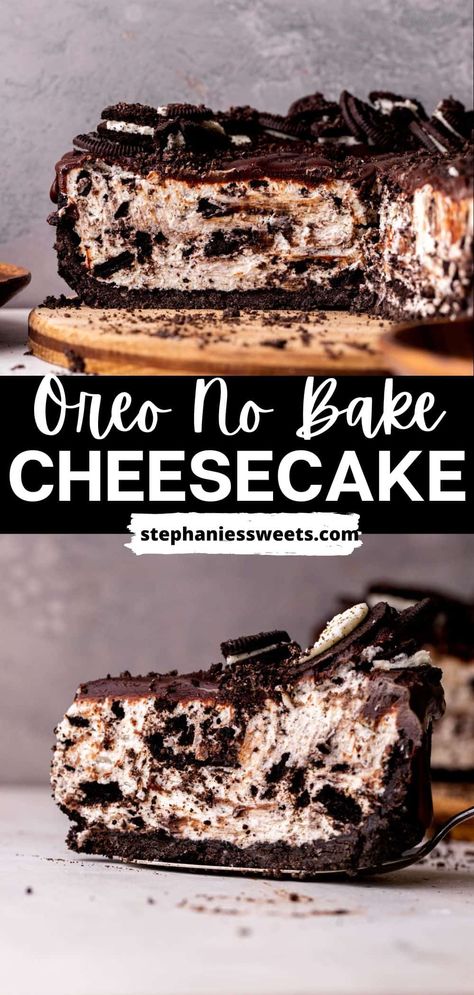 This no bake Oreo cheesecake is a super creamy ultimate Oreo cheesecake. It has an Oreo crust, no bake Oreo cheesecake batter, and is topped with chocolate ganache. It is chocolate outside and creamy inside just like Oreo cookies! No Bake Chocolate Cheesecake Recipes, Oreo Brownie Cheesecake, Cheesecake Recipes Easy No Bake, Cabin Recipes, Banoffee Cheesecake, Chocolate Oreo Cheesecake, Reese Eggs, Chocolate Ganache Topping, Arch Nemesis