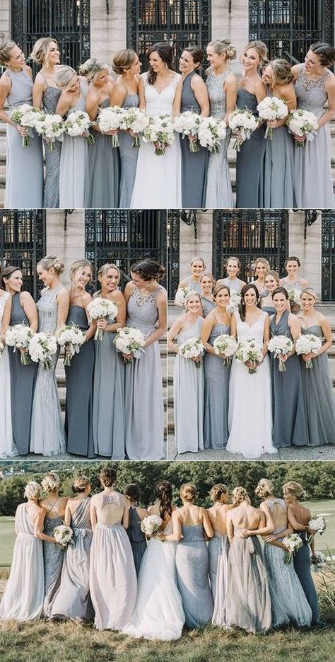 Bridesmaids Dress Inspiration, Grey Bridesmaids, Mismatched Bridesmaid Dresses, Grey Bridesmaid Dresses, Blue Bridesmaid Dresses, Blue Bridesmaids, Wedding Bridesmaid Dresses, Blue Wedding, Wedding Bridesmaids