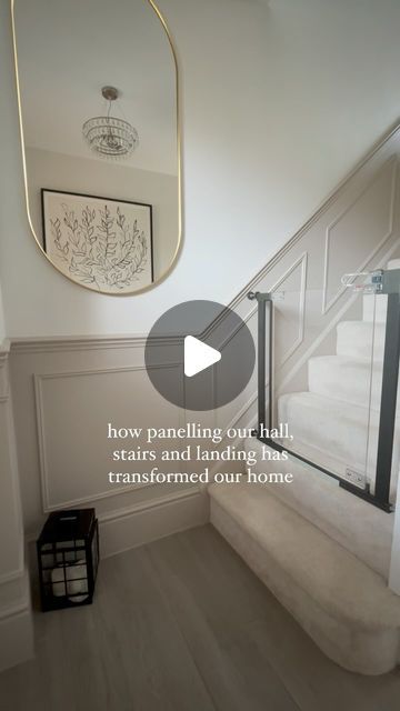 Sarah Heard ✨ on Instagram: "We DIY’d the panelling ourselves and we couldn’t be happier with it, the colours and style have just transformed the space. It feels bigger and more homely since covering over the magnolia paint. What do you think? 

#hallstairsandlanding #hallwaydecor #diydecorating #panellinginspo #panelling #hallwaytransformation #newbuildhouse #movinghome #diyhomedecor #myhomedesign #myhometrend #diyhacks #elephantsbreath #strongwhite #redrowoxford #interiordesignuk #stairpanelling #myspaceanddecor" Hallway Panneling Colour Ideas, Stair Panelling Colour Ideas, Hall Panelling Colour Ideas, Hall Stairs And Landing Panelling, Hall Panelling Ideas, Panelled Hallway Stairs, Wall Panelling Stairs, Hallway Panelling Colours, Panelling Up The Stairs