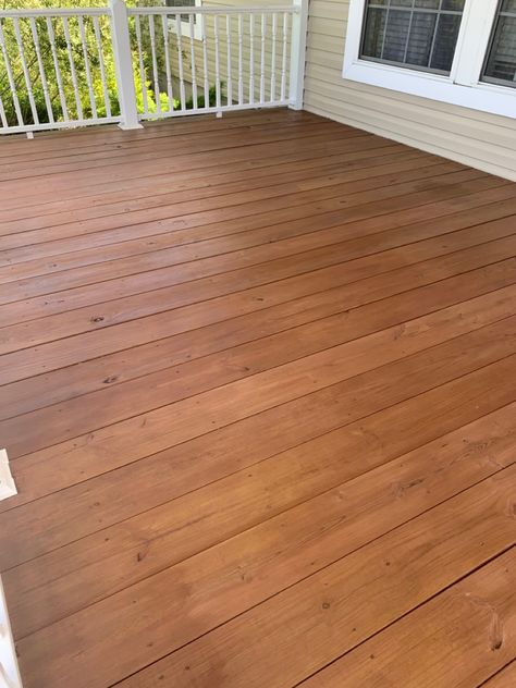 Front porch stained. Makeover. Thompsons Water Seal and Stain. Acorn Brown Deck Stain Colors With Yellow House, Front Porch Wood Stains, Medium Brown Deck Stain, Dock Stain Colors, Stain Porch Wood, Light Brown Deck Paint, Wood Deck Stain Colors Exterior, Stained Deck Colors, Deck Stain Colors For Tan House