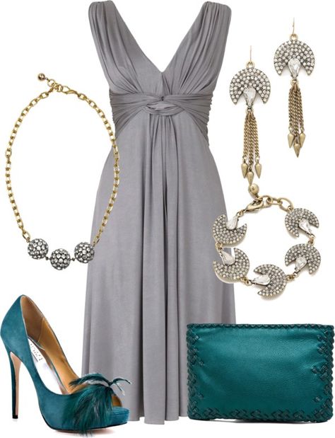 "Teal & Gray" by gangdise on Polyvore Grey Dress Outfit, Awards Dress, Coat Blouse, Fashion Statements, Elegant Styles, Grey Dress, Fashion Night, Dressy Outfits, Sweater Pants