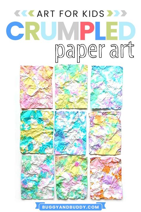 Make colorful textured paper in this easy process art project for kids! This watercolor activity was inspired by the chidren's book Ish by Peter H. Reynolds. Not only is the hands-on, sensory art project fun to do, it's even more exciting to see the results! Use your finished paper as stationary or to make a collage. #craftsforkids #artforkids #processart #ish #PeterHReynolds #kidlit #picturebooks Osh Activities, Sensory Art Projects, Crumpled Paper Art, Easy Process Art, Texture Art Projects, Grade 1 Art, Peter H Reynolds, Art Project For Kids, Sensory Art