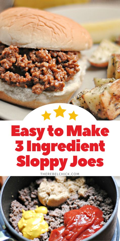 Sloppy joes on buns with French fries Easiest Sloppy Joes, Easy Sloppy Joe Recipe Crock Pots, Sloppy Joe Recipe Easy Simple, Sloppy Joe Recipe 3 Ingredients, Man Which Sloppy Joes, Ground Beef 3 Ingredient Recipes, 3 Ingredient Sloppy Joes, Maidrite Recipe Easy, Sloppy Joe Recipe Stove Top