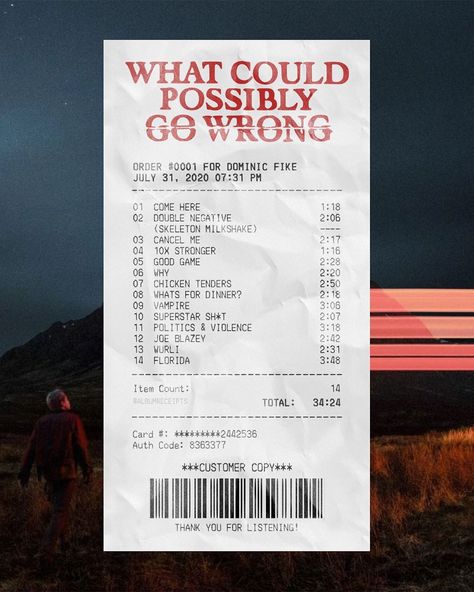 @albumreceipts shared a photo on Instagram: ““What Could Possibly Go Wrong” by @dominicfike” • Aug 3, 2020 at 2:23am UTC Aesthetic Ads, Album Receipts, Frank Ocean Poster, What Could Possibly Go Wrong, Ocean Poster, Album Posters, Ad Layout, Dominic Fike, Thank You For Listening