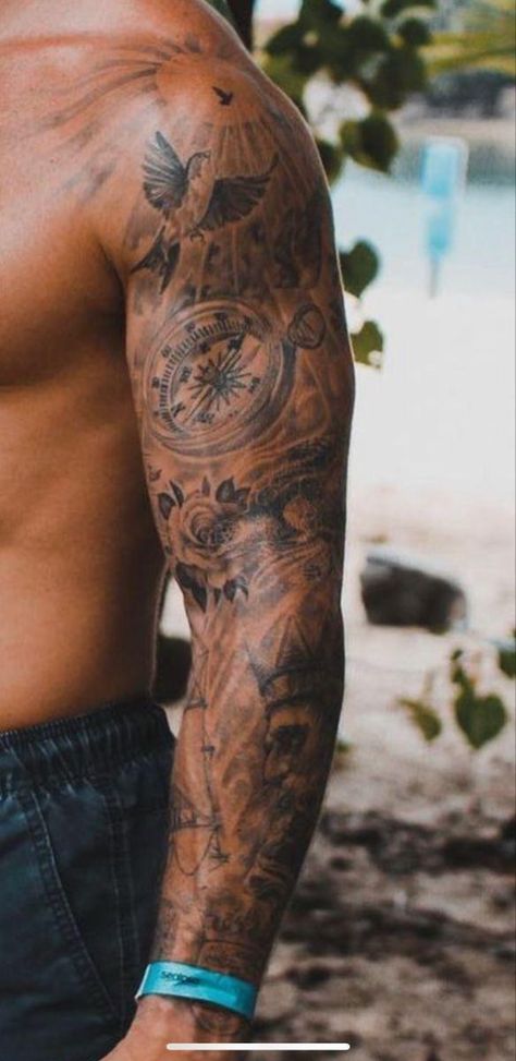 Men’s Half Arm Sleeve Tattoo, Chest And Arm Tattoo Men Ideas, Mens Tattoo With Meaning, Chest Shoulder Arm Tattoo Men, Compas Sleeve Tattoos For Guys, Sleeve And Chest Tattoo Men, Surrounding Tattoo Ideas, Shoulder Tattoo Guys, Back Shoulder Tattoo Men Ideas