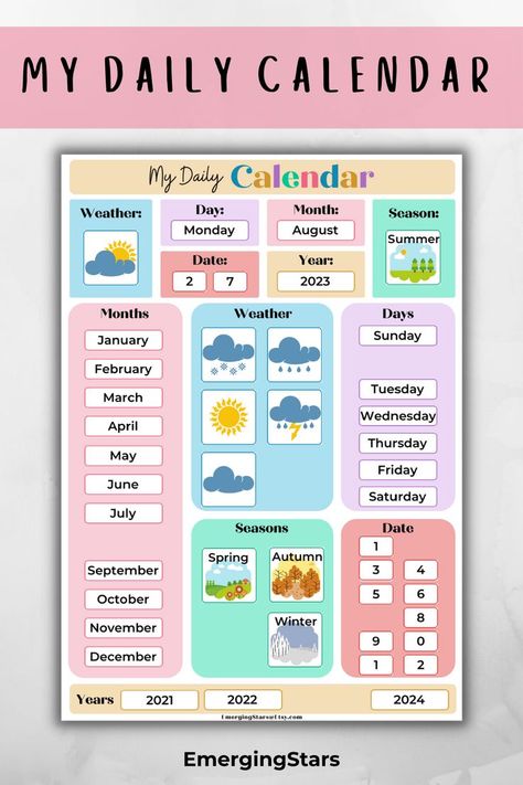 Start your morning routine with My Daily Calendar! The perfect and fun activity for children to learn all about the days of the week, dates, months, years, seasons and weather with this interactive calendar! Ready to download, print and cut out! Need more fun ideas for educational activities? Shop now or view other amazing resources at Emerging Stars! #DailyCalendar #Montessori #daysoftheweek #interactivecalendar #printable Daily Calendar Printable, Teaching Calendar, Montessori Calendar, Kindergarten Calendar, Seasons And Weather, Preschool Calendar, Weather Calendar, Interactive Calendar, Weather Chart