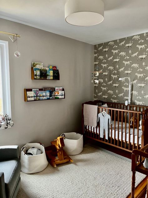 Neutral Nursery Wood Crib, Dark Brown Furniture Nursery, Neutral Nursery Dark Furniture, Dark Wood Floor Nursery, Nursery Ideas With Dark Furniture, Gender Neutral Nursery Dark Wood Crib, Nursery Ideas Dark Wood, Dark Wood Baby Nursery, Baby Boy Nursery Dark Wood Furniture