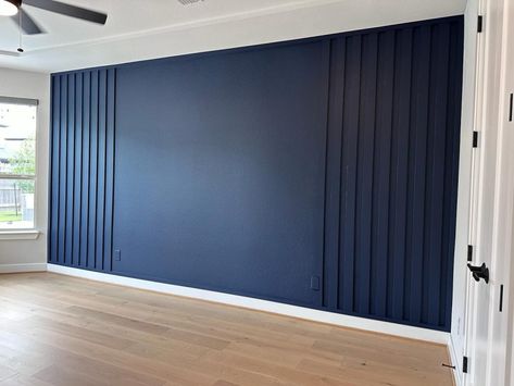 Wood Slat Accent Wall Blue, X Accent Wall, Orange Bedroom Accent Wall, Gold Wall Accents, Blue Stripe Wall, Navy And Grey Office, Accent Wall Dark Blue, Wall To Ceiling Design, Office Accent Wall Color