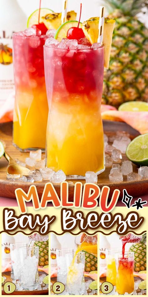 Malibu Bay Breeze is a fruity, layered cocktail bursting with the best tropical flavors! Just one sip of this refreshing drink of coconut rum, pineapple juice, and cranberry juice will have you wishing you were on island time! Maui Island Breeze Cocktail, Island Breeze Cocktail, Malibu Rum Drinks Recipes Pineapple, Malibu And Pineapple Juice, Bacardi Coconut Rum Drinks, Parrot Bay Drinks Recipes, Mixed Drinks With Malibu Rum, Coconut Rum Drinks Recipes, Drinks With Malibu Rum