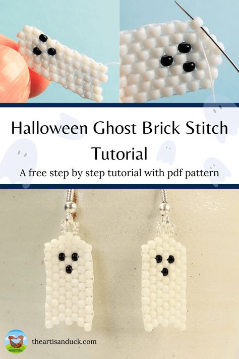 Easy and Cute Brick Stitch Ghost Tutorial – The Artisan Duck Seed Beads Patterns Free, Beginner Brick Stitch Earrings, Halloween Bead Earrings Diy, Beginner Brick Stitch Patterns, Beaded Ghost Pattern, Beading Brick Stitch Tutorial, Bead Brick Stitch Tutorials, Seed Bead Tutorial Free, Beginner Beading Patterns